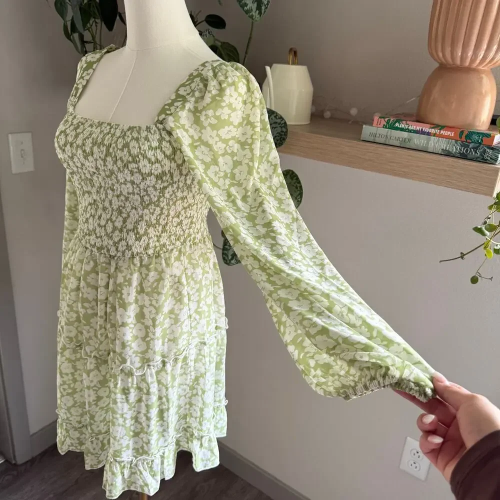 Lulus Green Floral Smocked Tiered Long Sleeve Mini Dress M Coquette Cottage